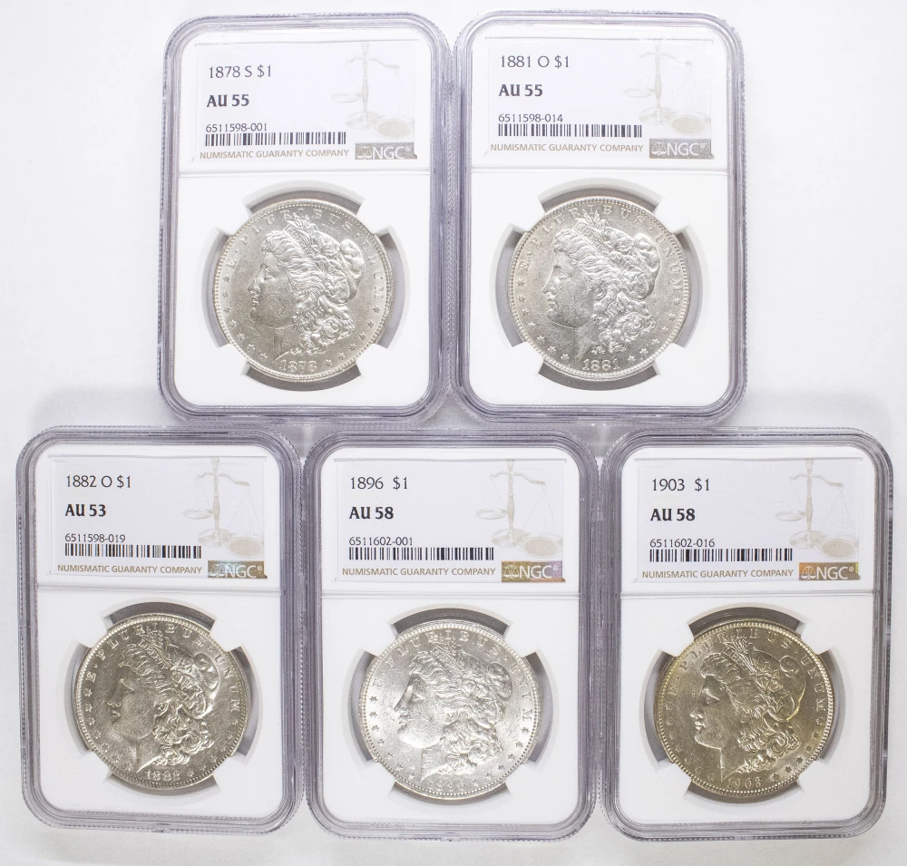 5 Different NGC AU Morgan Dollars