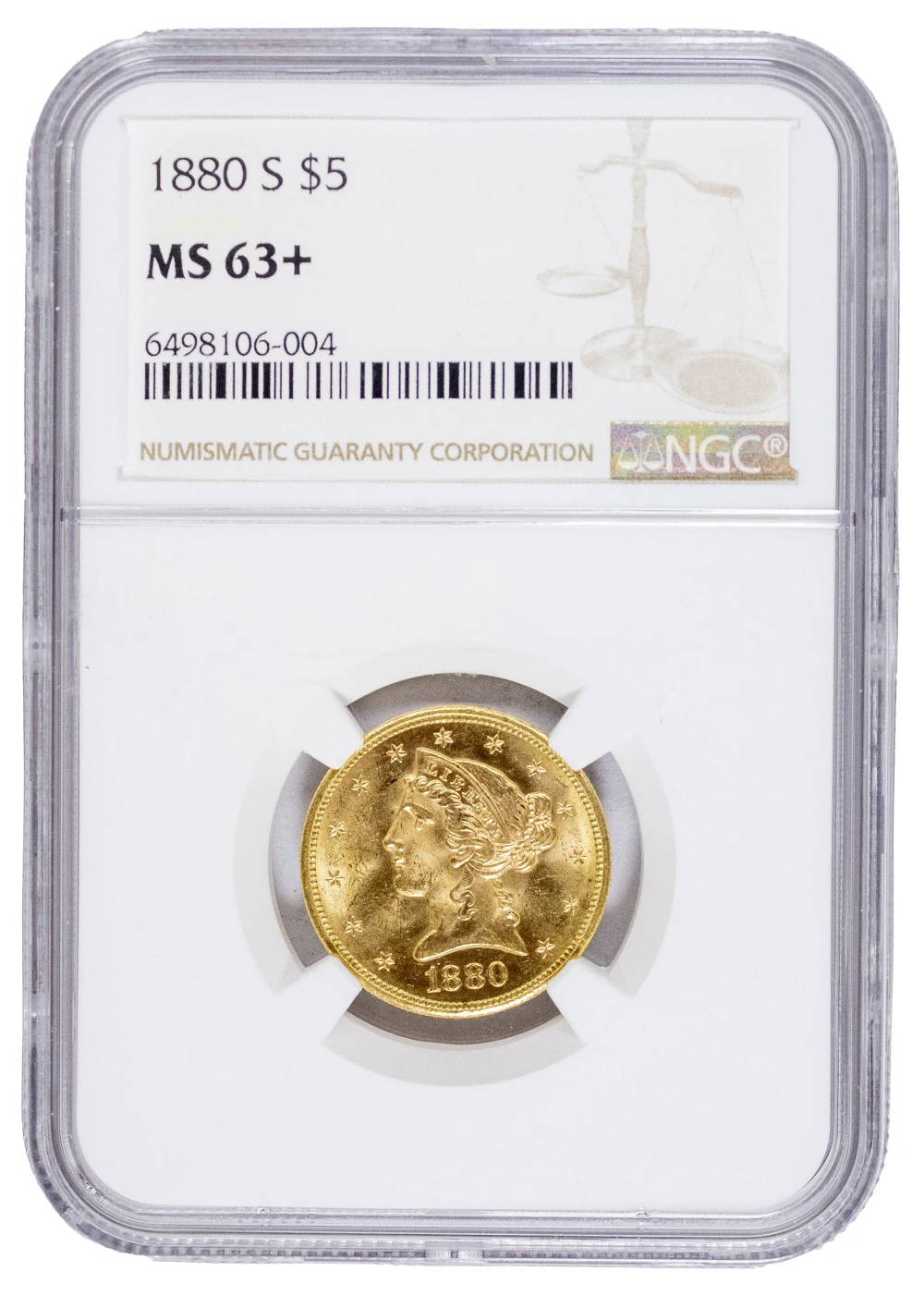 NGC MS-63+ 1880-S Gold $5 Liberty
