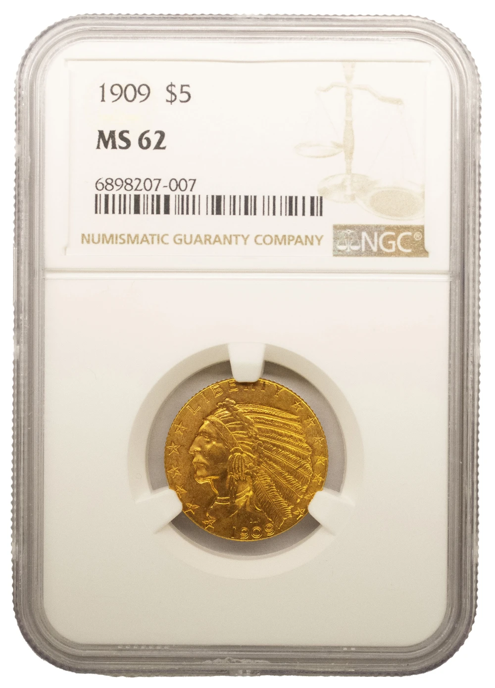 NGC MS-62 1909 Gold $5 Indian