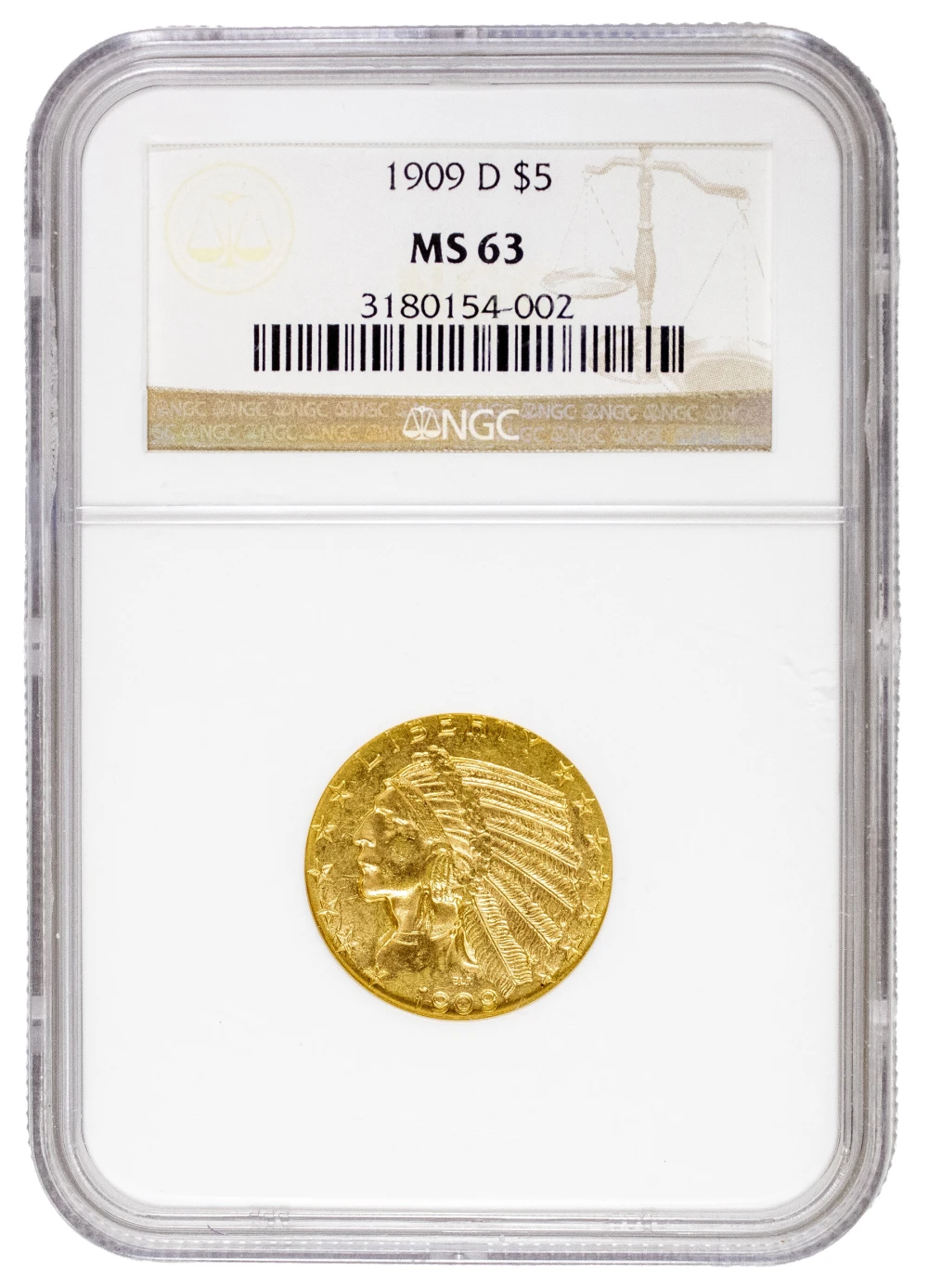 NGC MS-63 1909-D Gold $5 Indian