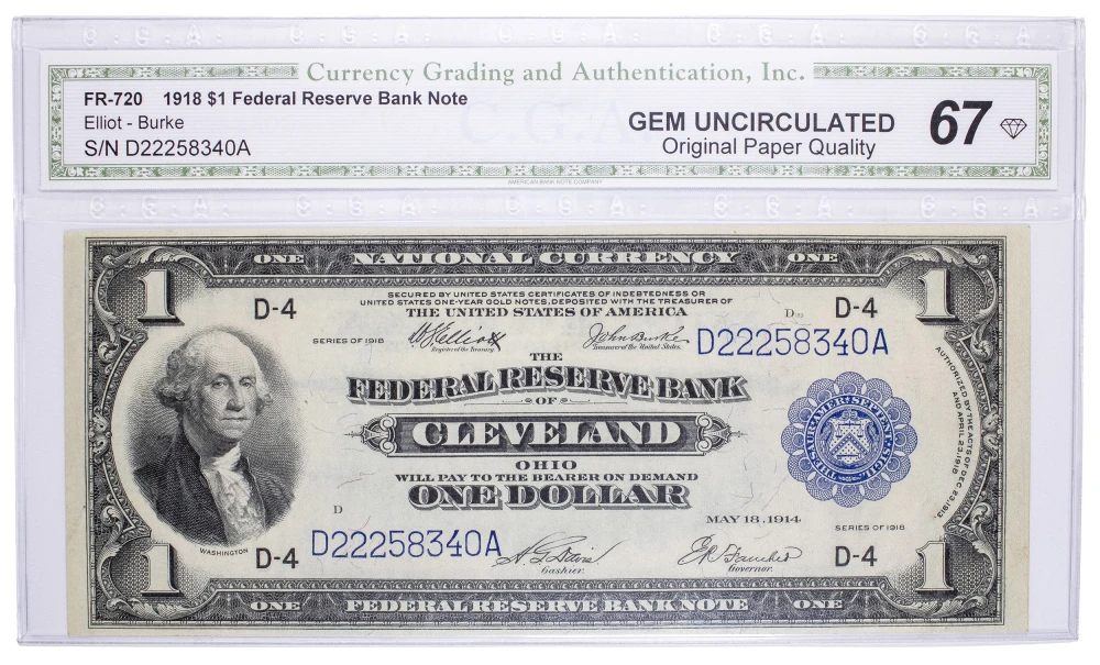 CGA Gem UNC-67 OPQ 1918 $1 FRN