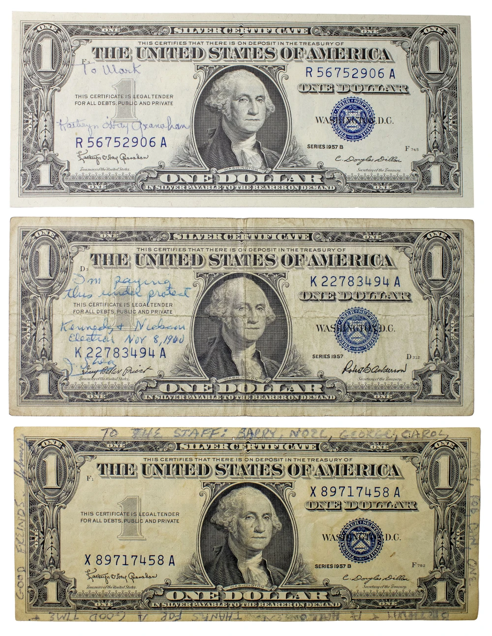 Three Courtesy Signed $1 Silver Certificates