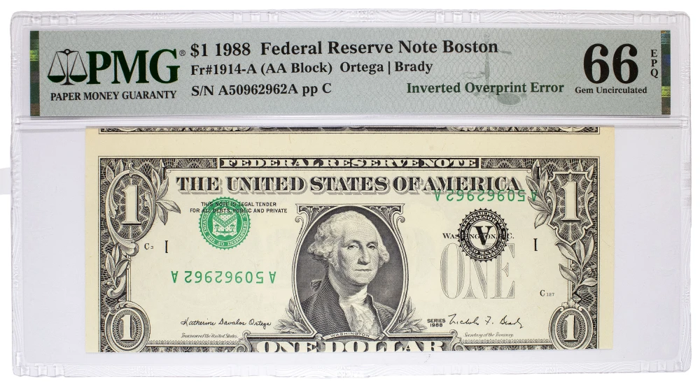 PMG Gem-66 EPQ 1988 $1 Inverted Overprint Error