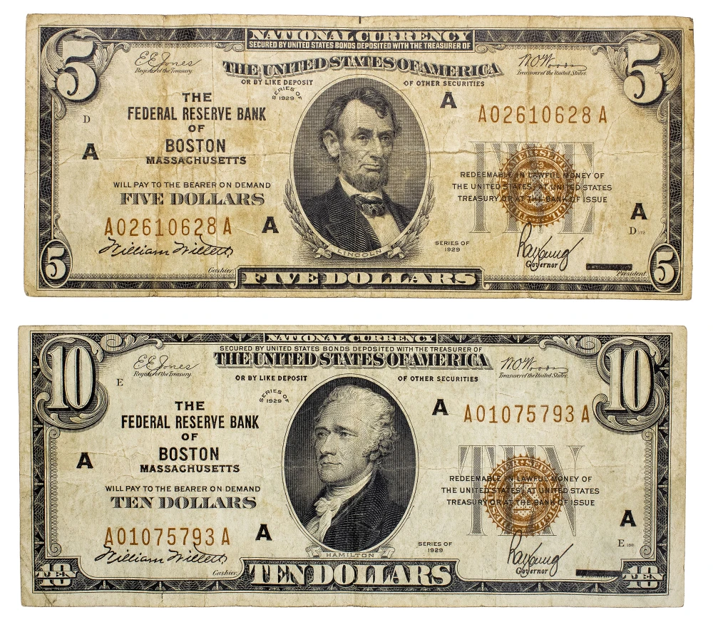 1929 National Currency $5 and $10 Pair