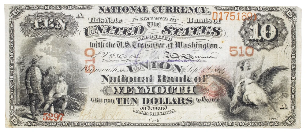 Rare VF 1864 Weymouth MA $10 National