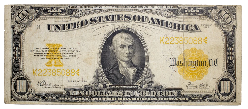 VF Series 1922 $10 Gold Coin Certificate.