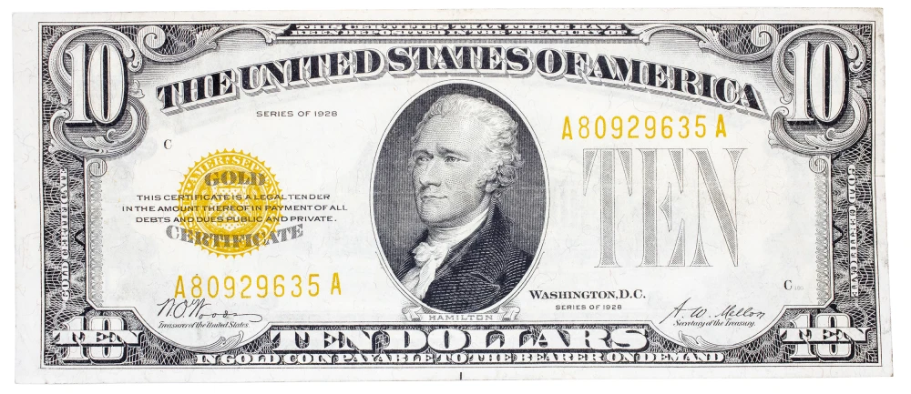 AU-50 1928 $10 Gold Certificate