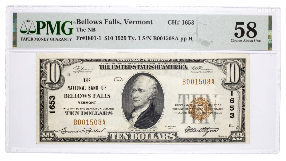 PMG AU-58 1929 National Currency $10