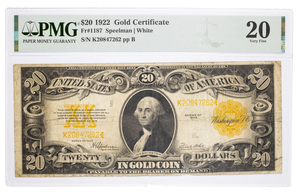 PMG VF-20 1922 $20 Gold Coin Certificate