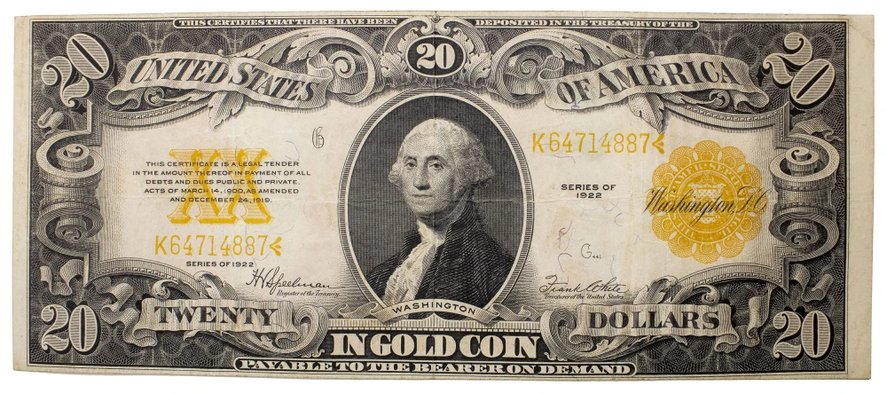 VF+ Series 1922 $20 Gold Coin Note