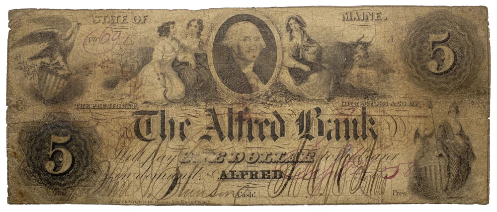 Maine. Alfred. VG 1858 $5 "Raised" Note Rarity