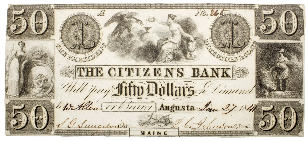 Maine. Augusta. Choice New 1841 $50 Note
