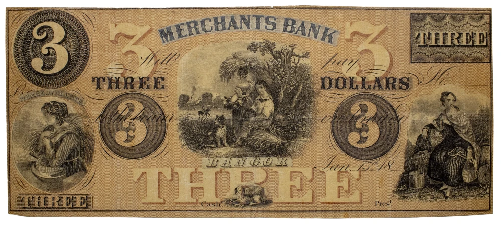 Maine. Bangor. VF or Finer $3 Note