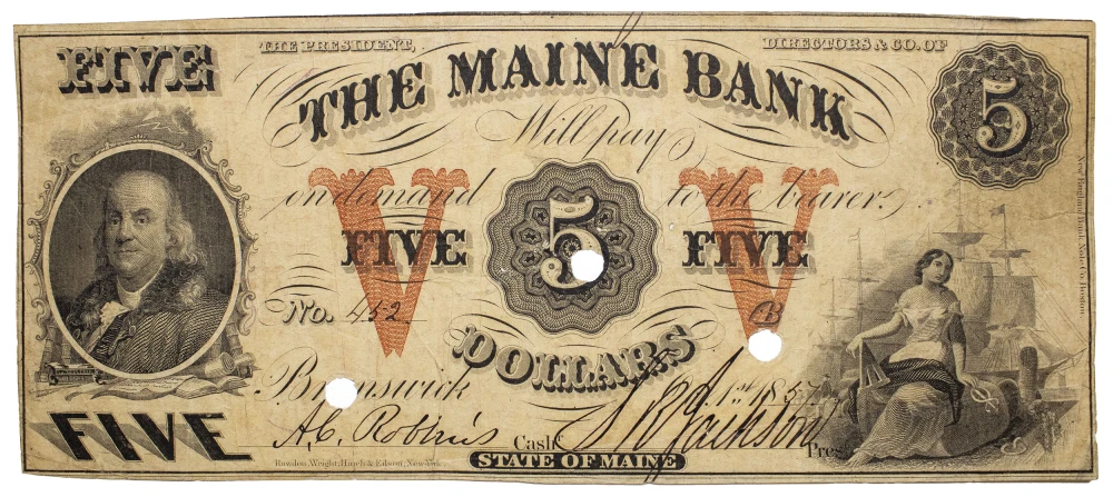 Maine. Brunswick. VF 1857 $5 Note