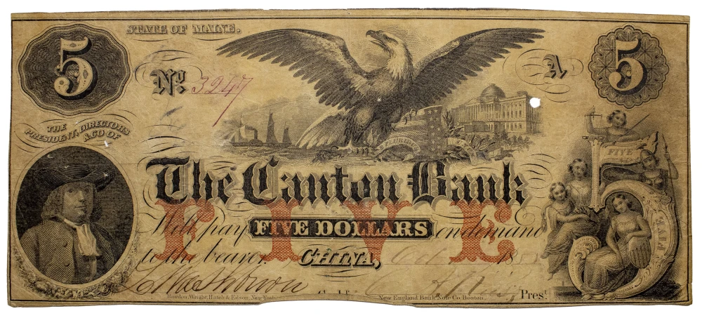 Maine. China. Fine 1851 $5 Note