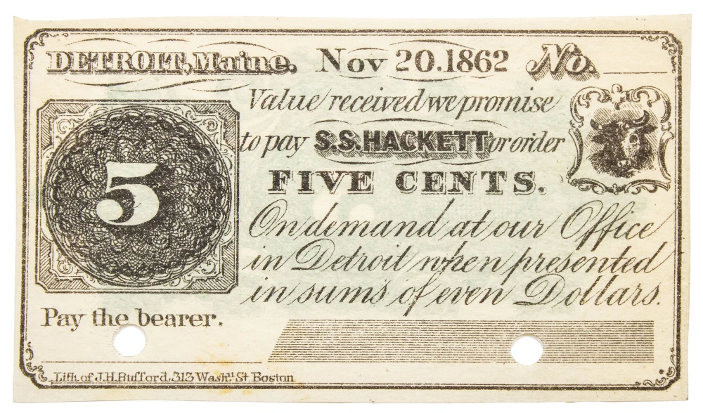 Maine. Detroit. Crisp New S.S. Hackett 5C Scrip