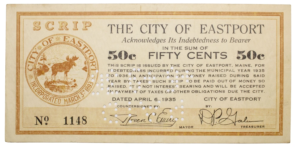 Maine. Eastport. 1935 Depression-Era Scrip Notes