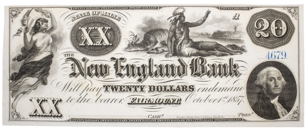 Maine. Fairmount. Crisp New 1857 $20