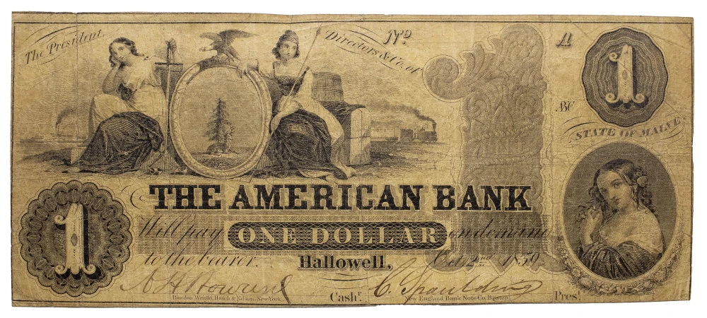 Maine. Hallowell. VF 1859 $1 Note