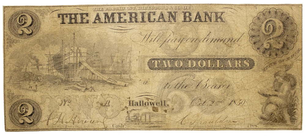 Maine. Hallowell. VG-Fine 1850 $2 Note