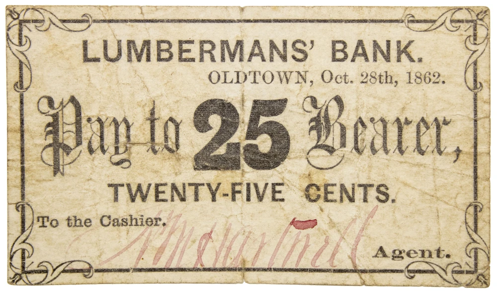 Maine. Oldtown. Fine 1862 A.M. Hartwell 25C Scrip