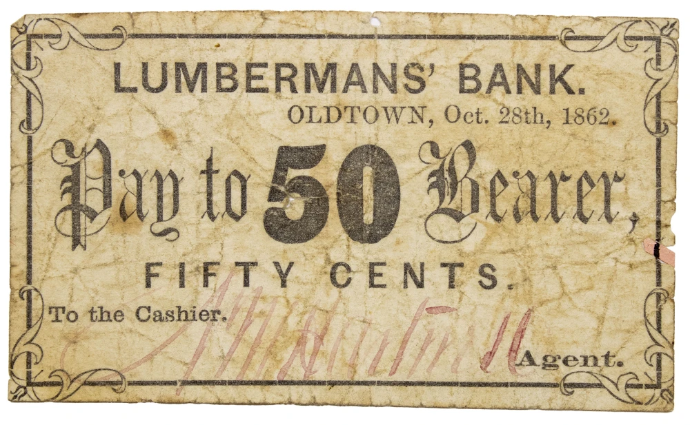 Maine. Oldtown. Fine 1862 A.M. Hartwell 50C Scrip