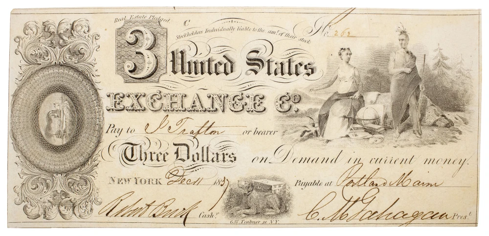 Maine. Portland. New U.S. Exchange Co. $3 Note