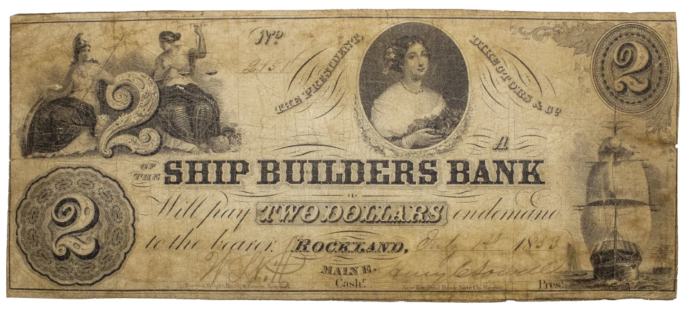 Maine. Rockland. Fine 1853 $2 Note