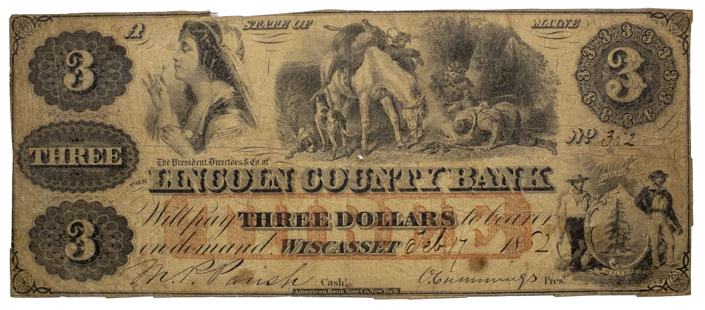 Maine. Wiscasset. Fine 1852 $3 Note