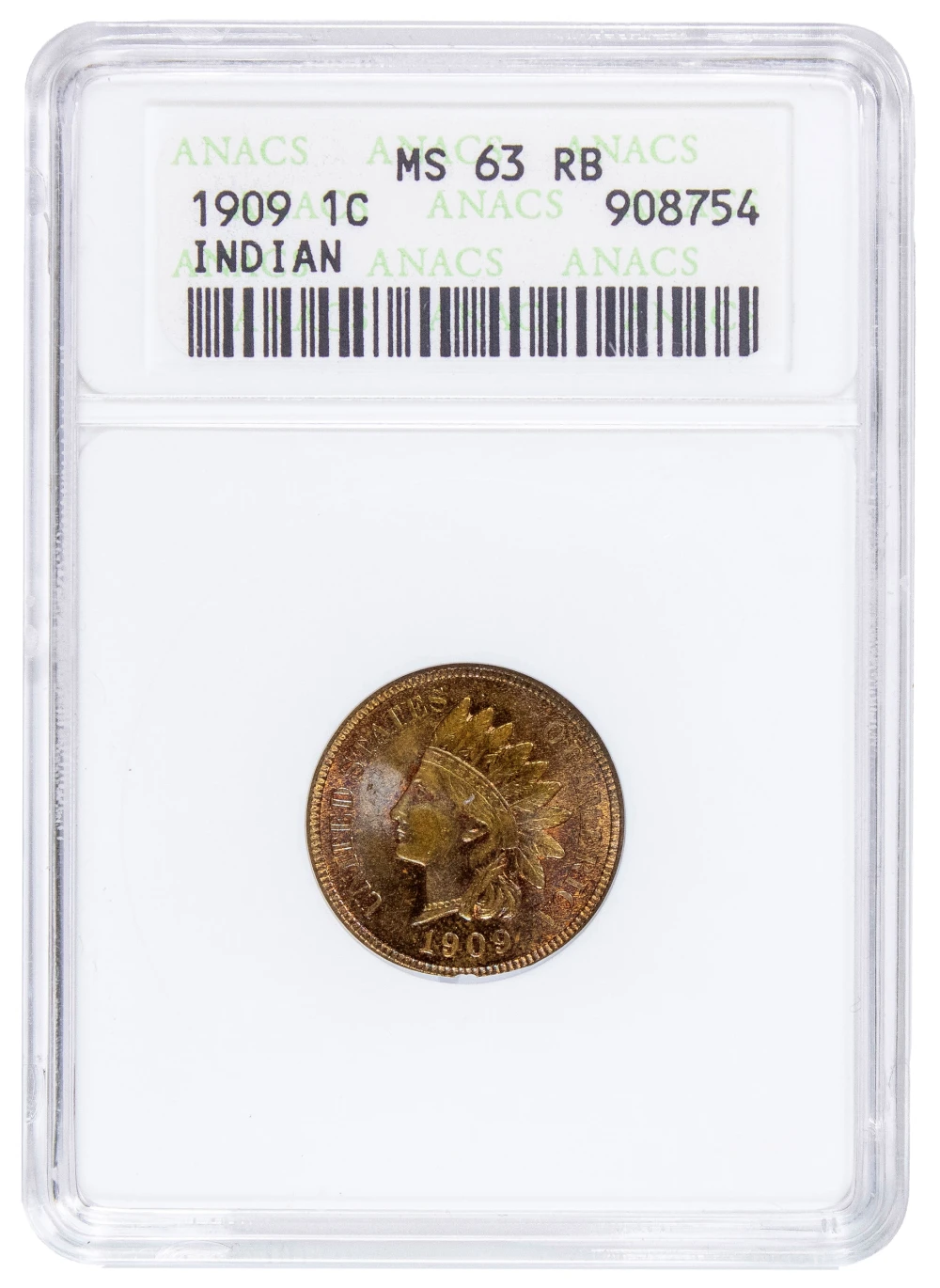 ANACS MS-63 RB 1909 Indian Cent