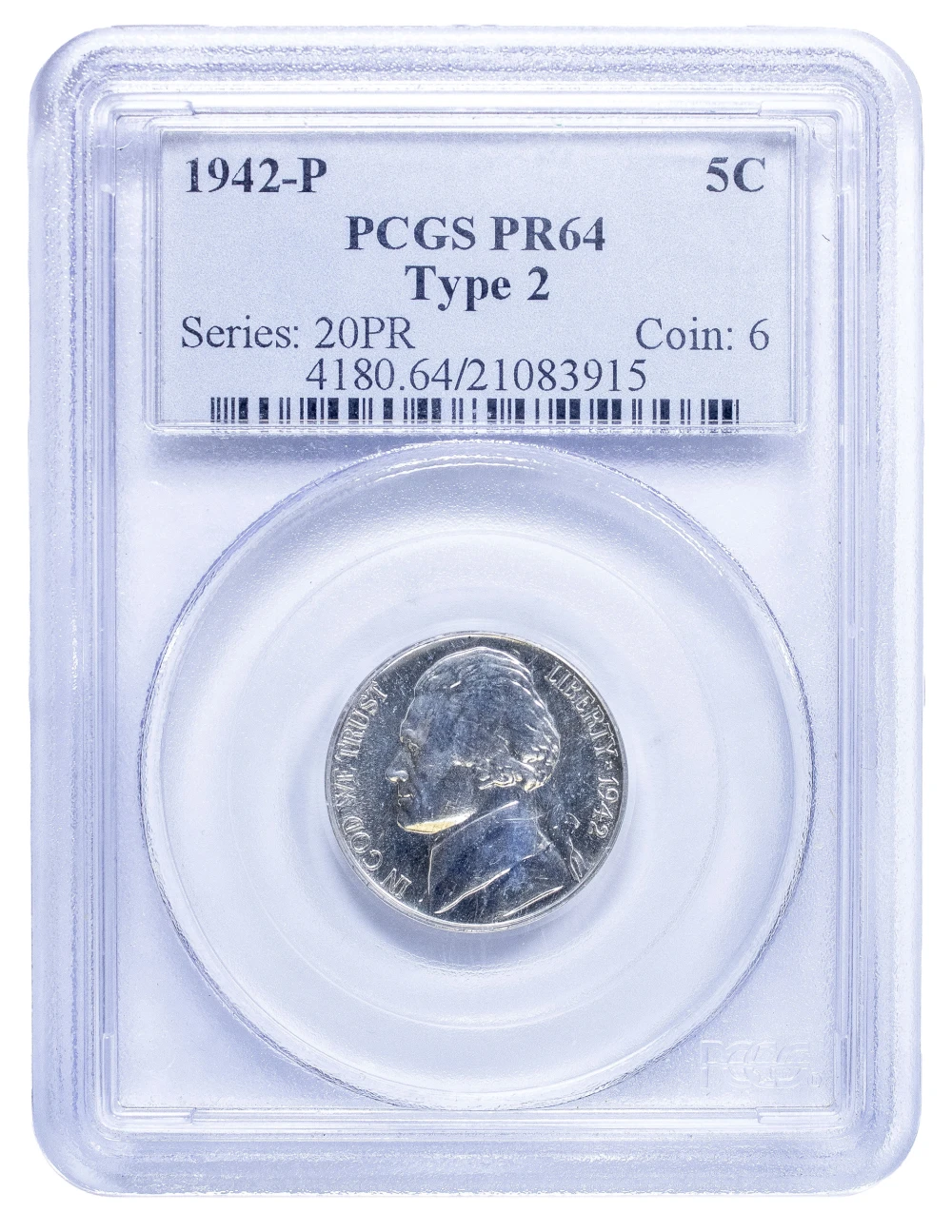 PCGS Proof-64 1942-P Type II War Nickel