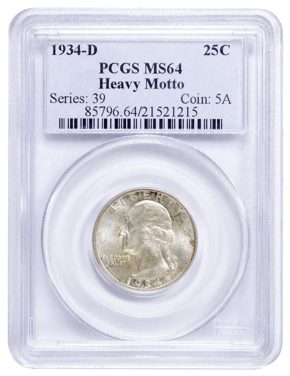 PCGS MS-64 1934-D Heavy Motto Quarter
