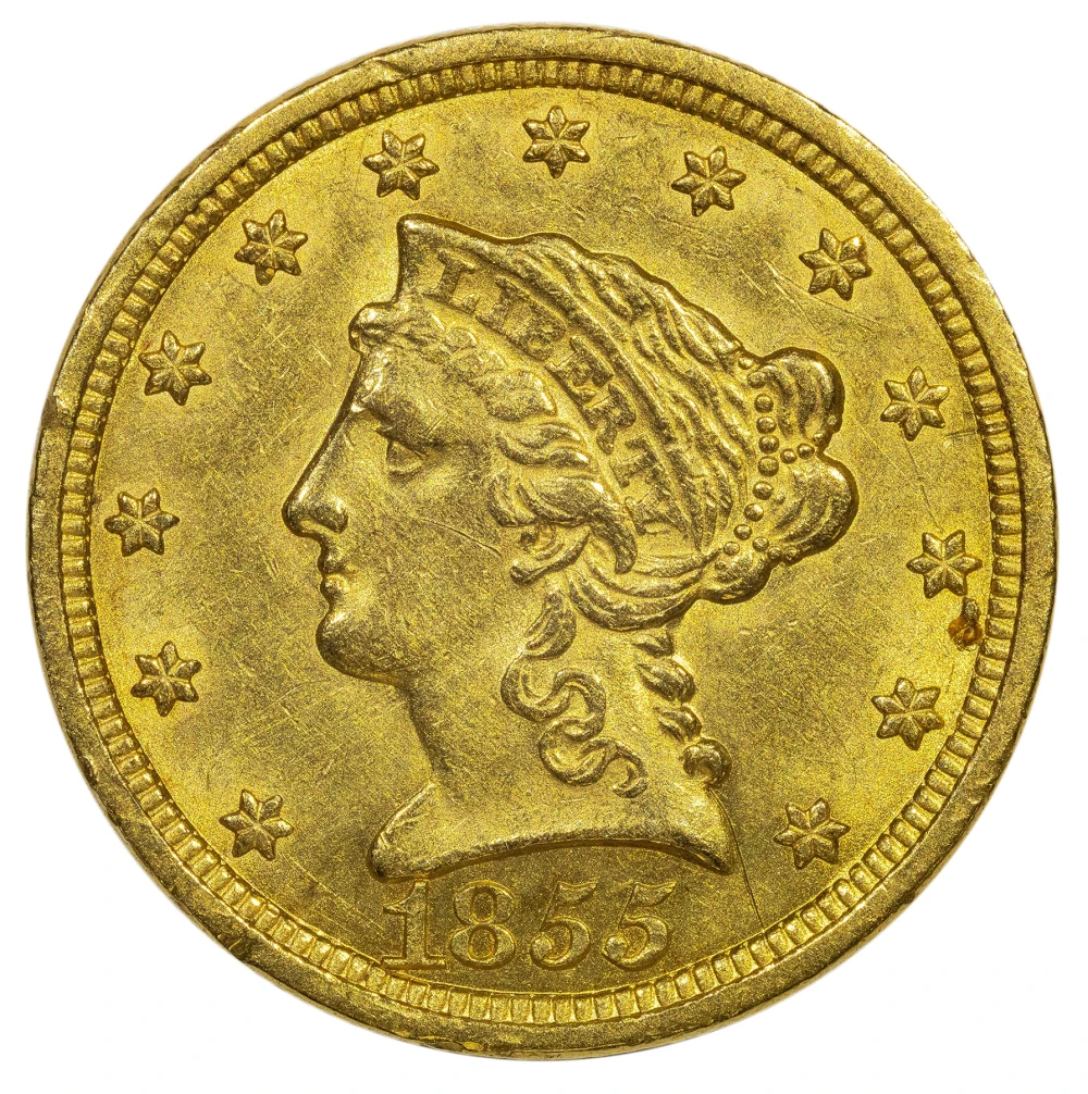 AU-58 Details 1855 Gold $2.50 Liberty