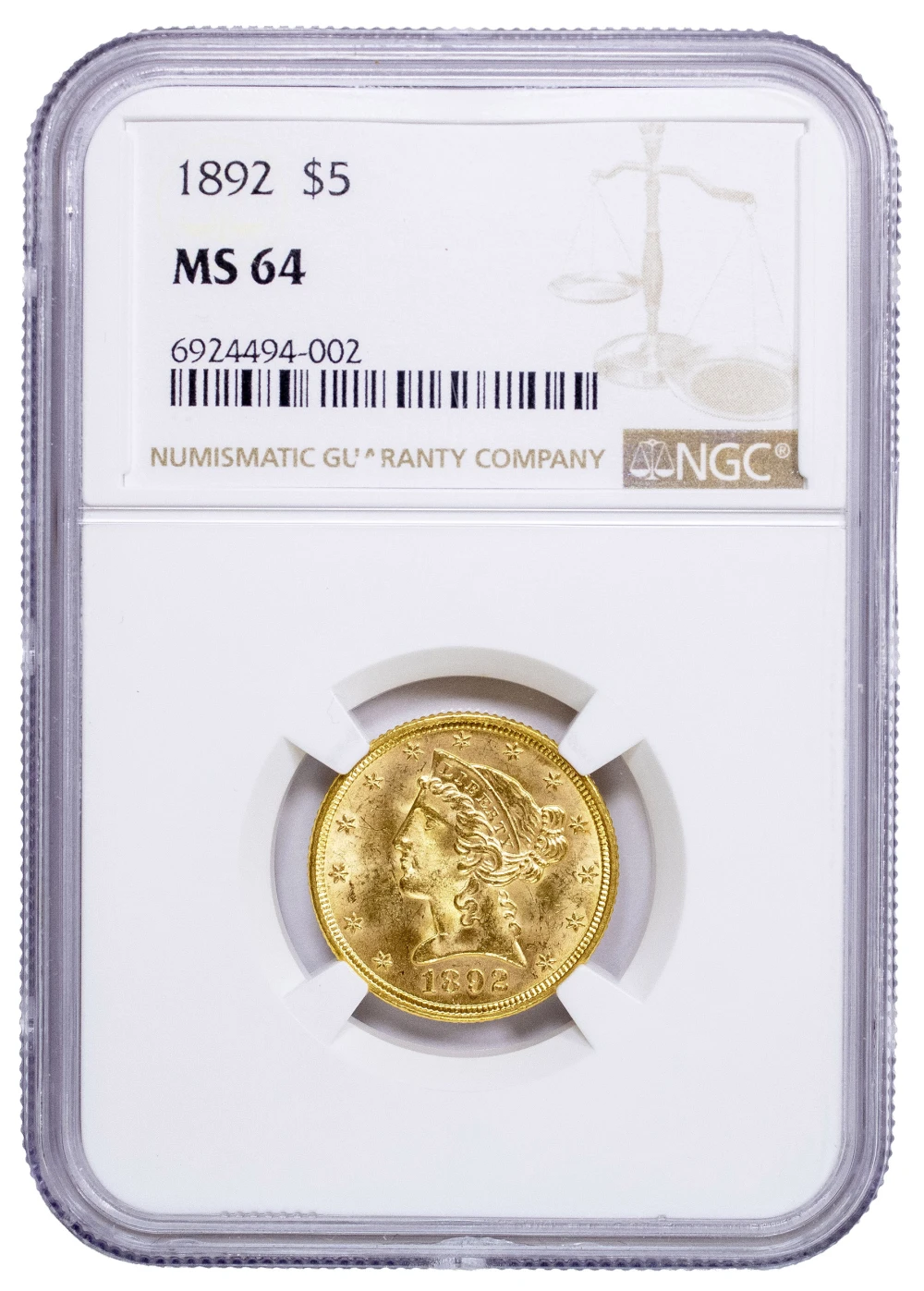 NGC MS-64 1892 Gold $5 Liberty