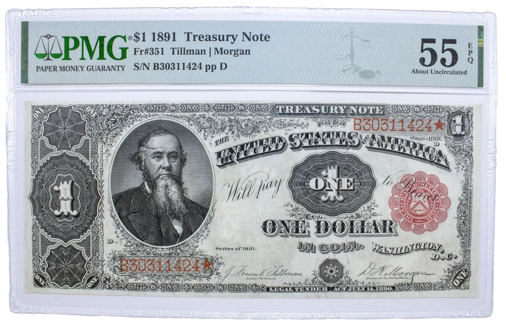 PMG AU-55 EPQ 1891 $1 Treasury Note