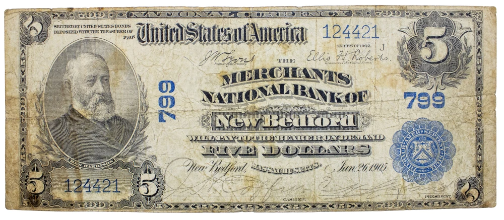 Massachusetts. Fine 1902 National Currency $5