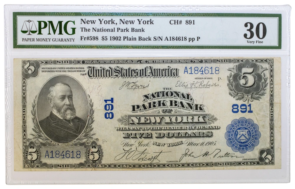 New York. PMG VF-30 1902 Plain Back $5