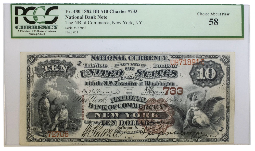 New York. PMG AU-58 1882 National Currency $10