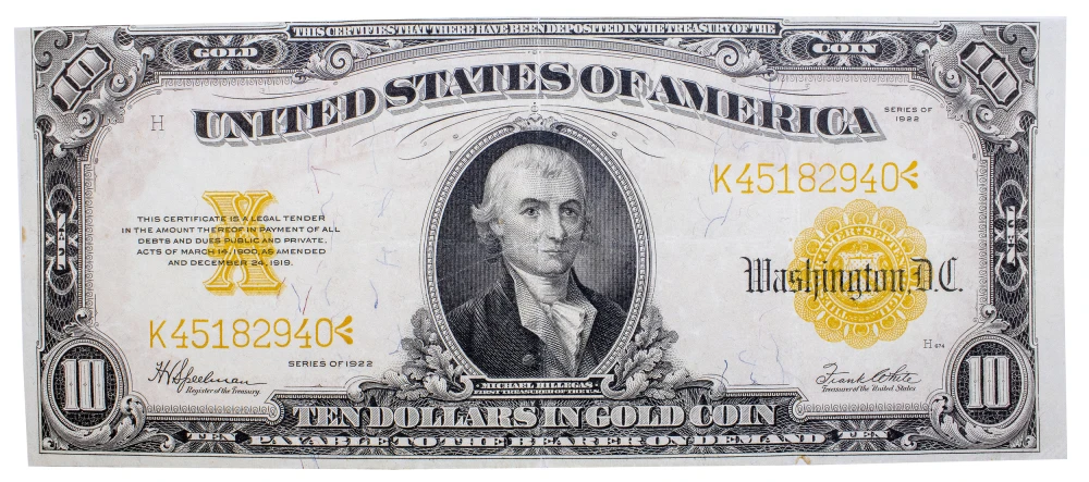 VF to EF 1922 $10 Gold Certificate