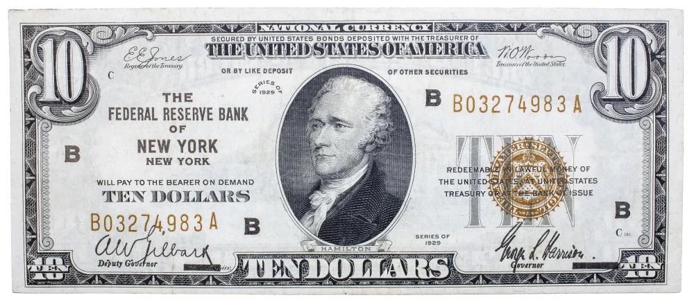 New York. AU or Better 1929 National Currency $10