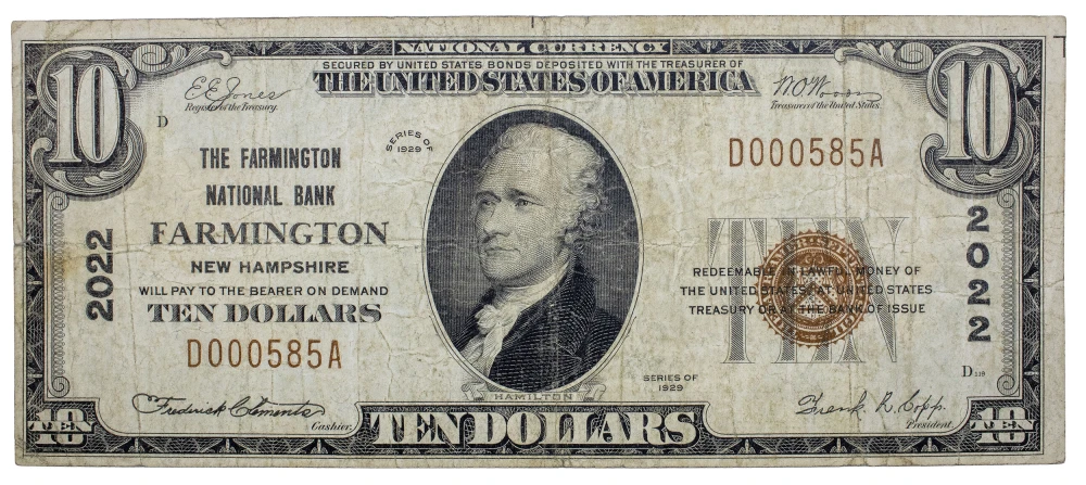 New Hampshire. VF 1929 $10 Note