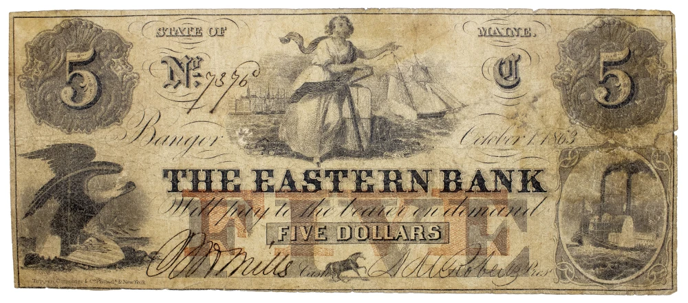 Maine. Bangor. The Eastern Bank $5 Note