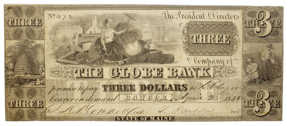 Maine. Bangor. The Globe Bank $3 Note