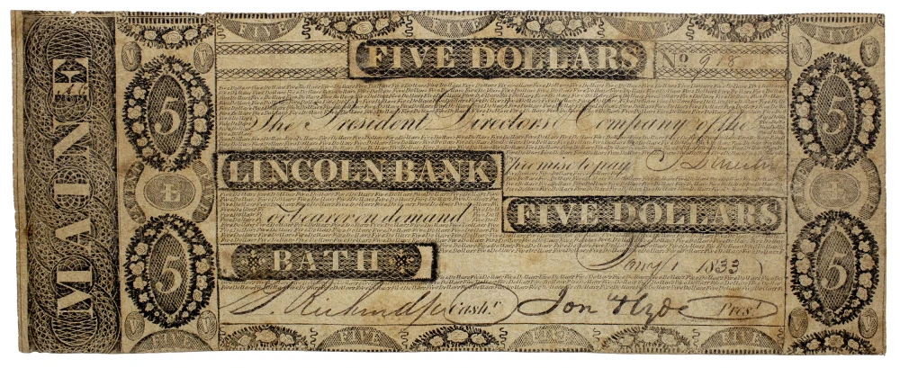 Maine. Bath. Lincoln Bank $5 Note