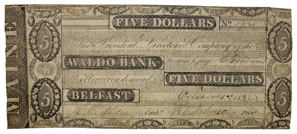 Maine. Belfast. Waldo Bank $5 Note