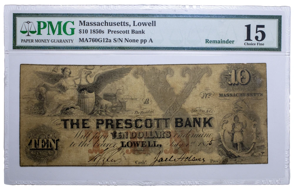 Massachusetts. Lowell. PMG Fine-15 $10 Note