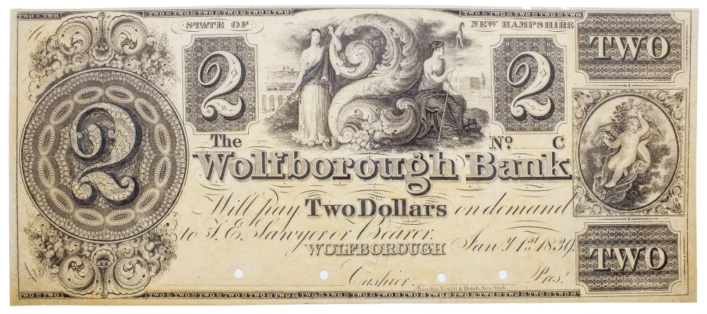New Hampshire. AU 1839 Proof $2 Note