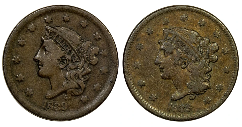 VF-20 1839 Large Cent Variety Pair