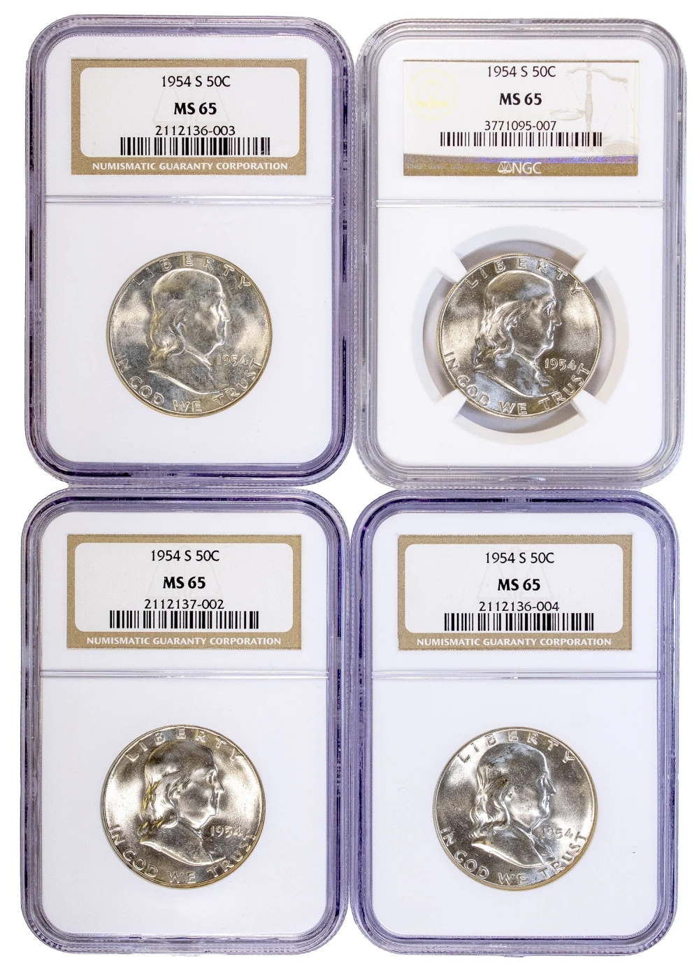 4 Pcs NGC MS-65 1954-S Franklin Half Dollars