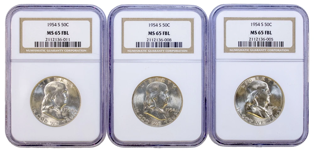 3 Pcs NGC MS-65 FBL 1954-S Franklin Halves